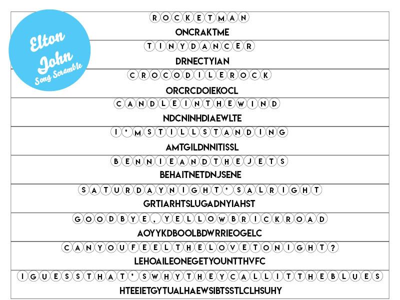 Word scramble Elton John Answers
