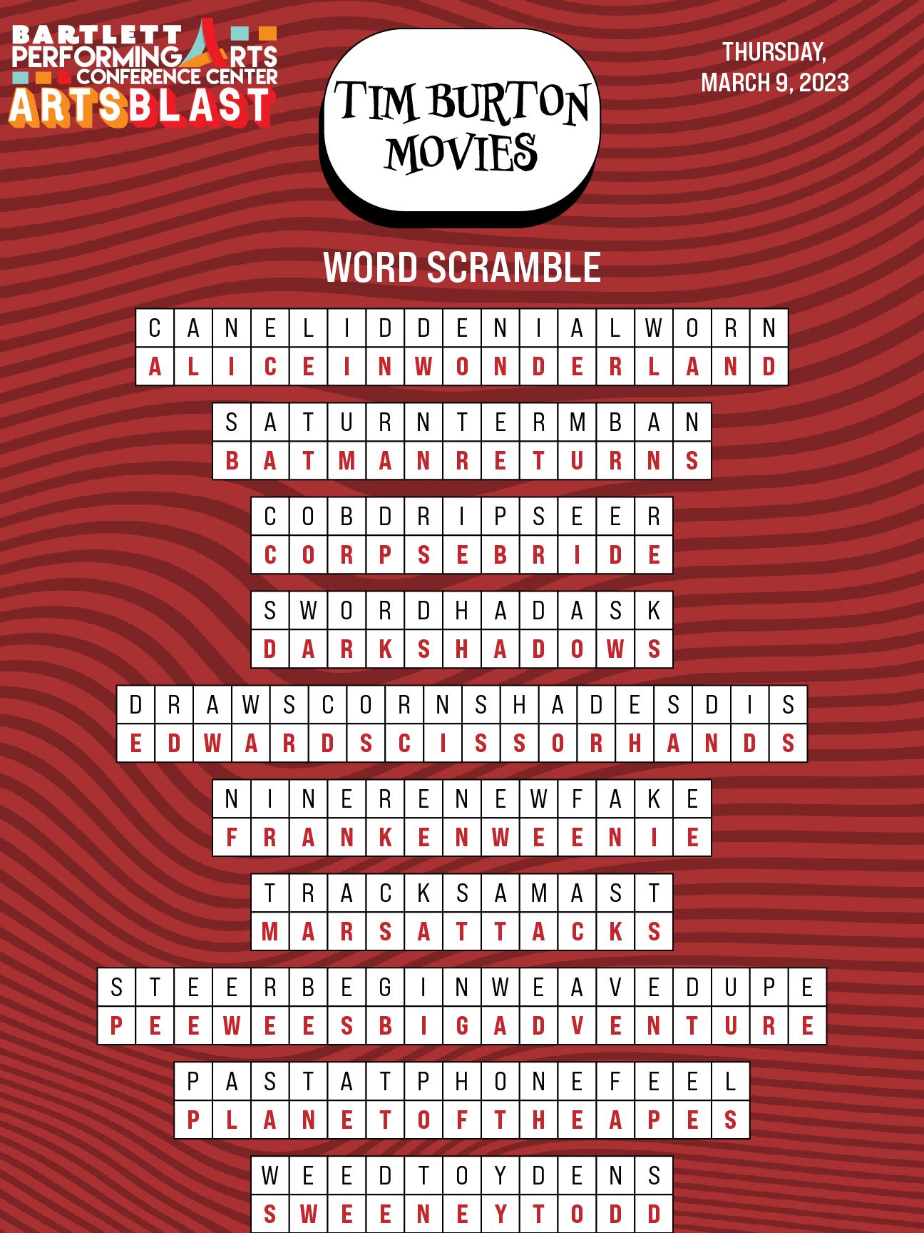 Tim Burton Scramble ANSWERS