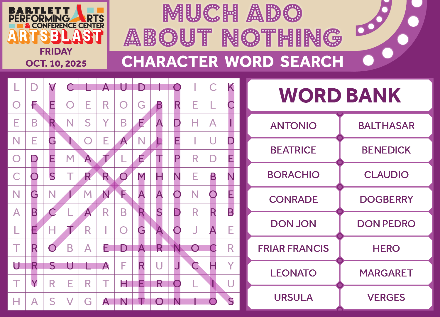 Much Ado About Nothing Character Word Search ANSWERS