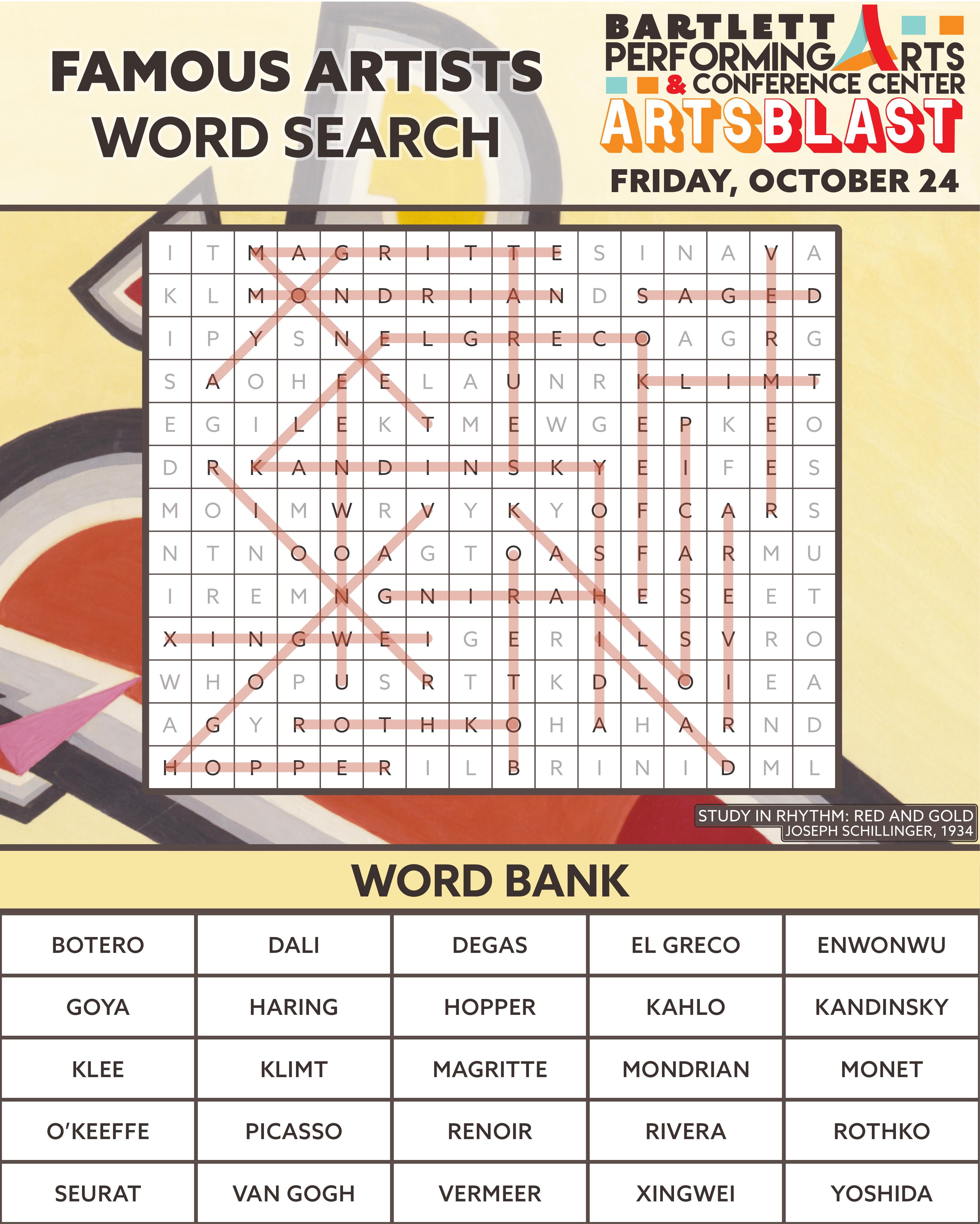 Famous Artists Word Search ANSWERS